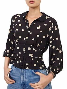 BA&SH Denzel Button Up Polka Dot Peplum Button-Up Blouse - Black/Cream M